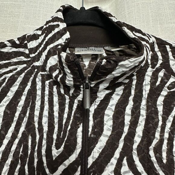 2/$30 Chicos Full Zip Track Jacket Size 2 L Zebra Print Semi Sheer Boho Stretch - Picture 4 of 12